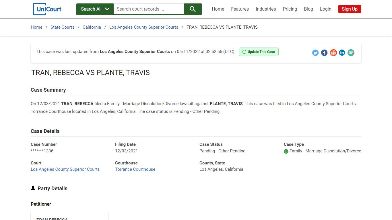 TRAN, REBECCA VS PLANTE, TRAVIS | Court Records - UniCourt